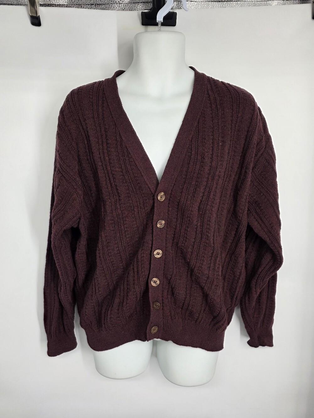 Vintage Bill Blass Cardigan Sweater Mens L Burgundy Ribbed Hand Framed Made USA